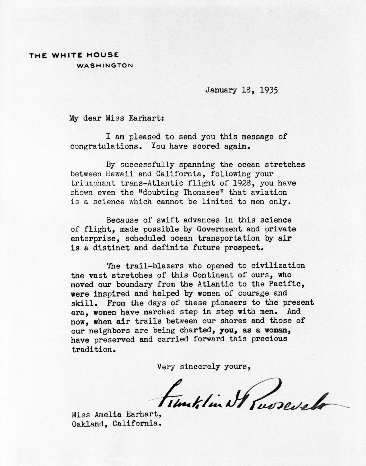 Amelia Earhart FDR Letter